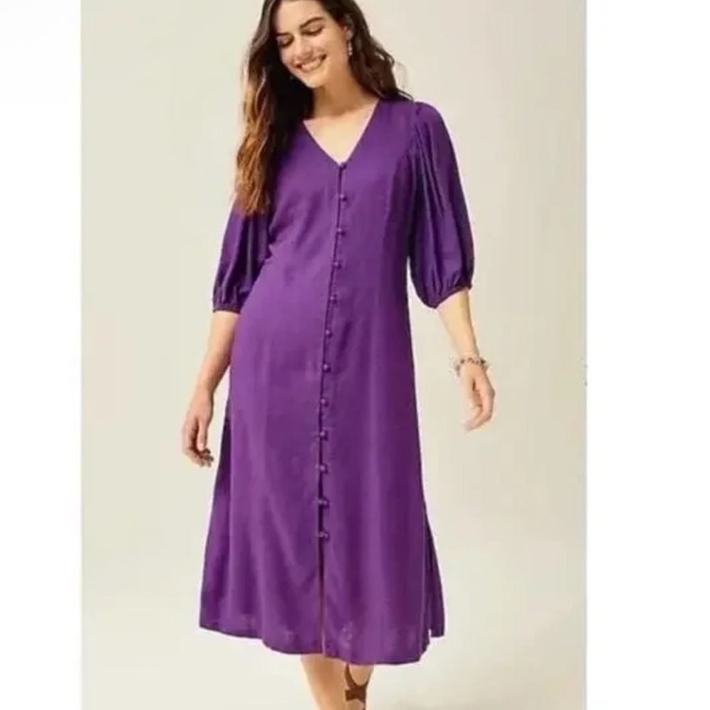 J. Jill Purple Button-Front Midi Dress Linen Blend Size XL